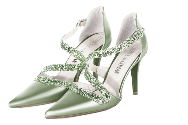 Mint green women's open side shoes, with snake-shaped straps. Pointed toe. High slim heel. Front view - Florence KOOIJMAN